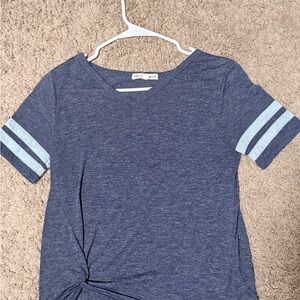 Wallflower Navy women’s t shirt with Light Blue Striped Sleeves